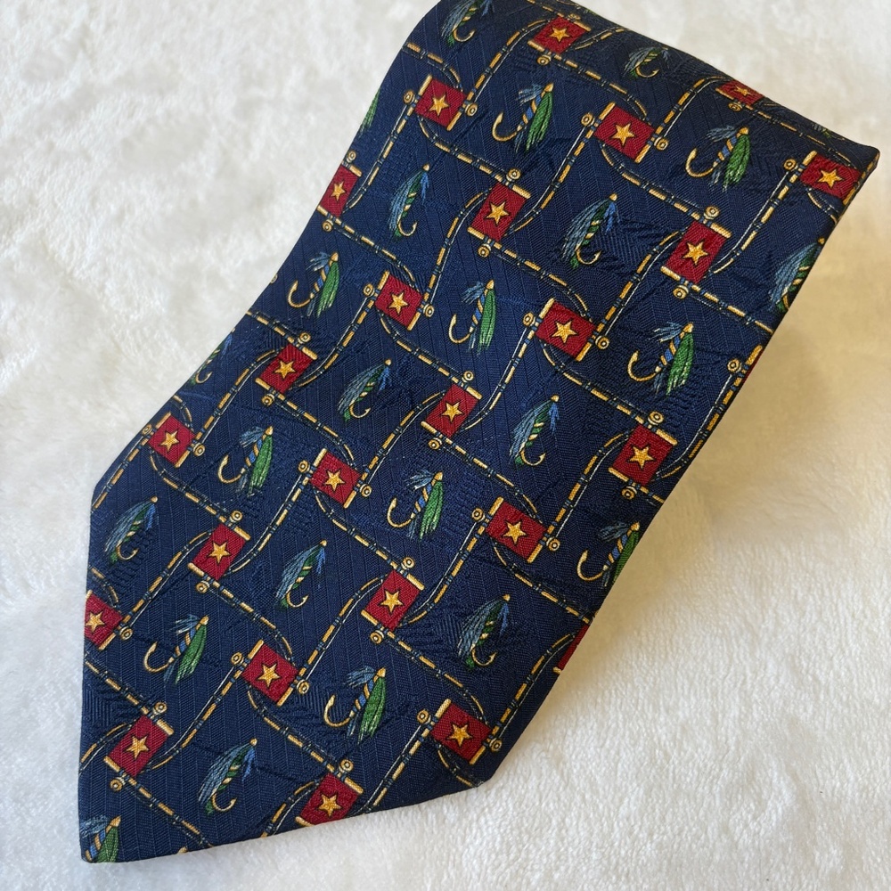 Tommy Hilfiger Fly Fishing Themed 57" Necktie 100% Silk Blue Multicolor Tie